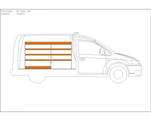 Volkswagen Caddy L2 - Houten inrichting en betimmering stelling links T1